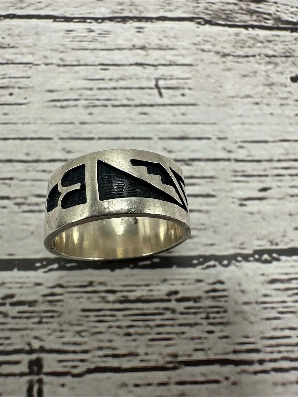 Hopi Silver Band Ring with Black Geometric Inlay